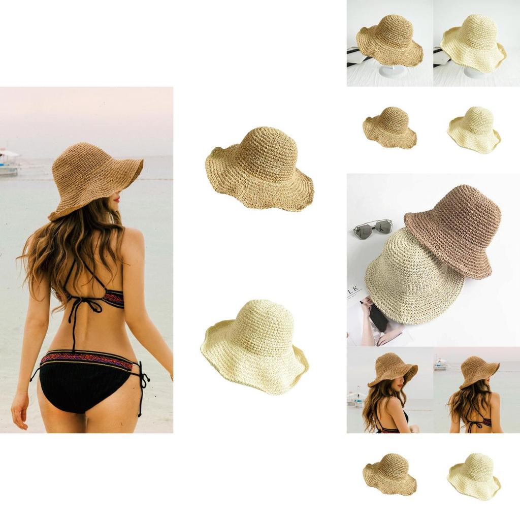 Natural Style Straw Hat For Women, Foldable And Easy To Carry, Ideal For Summer Outdoor Activities In Khaki And Beige