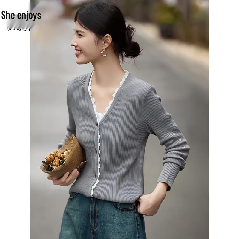 Damen Schicker Spitzen-Patchwork-Strickcardigan
