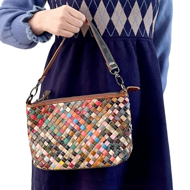 Vintage Genuine Leather Woven Handbag Women Crossbody Shoulder Bag Multicolor Medium Size