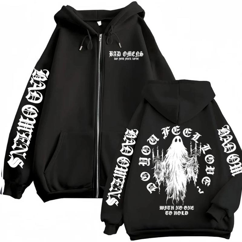 Bad Omens Do You Feel Love Ghost Reißverschluss Kapuzenpullover Herren Damen Gothic Lässig Zip-Up Kapuzenpullover Hochwertiges Fleece Sweatshirt Jacke Mantel