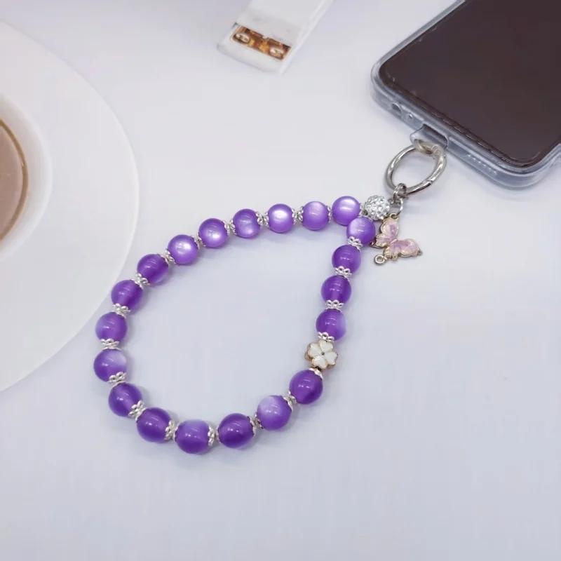 Retro High Luxury Cat Eye Purple Mobile Phone Chain Short Phone Hanging Rope Handmade Bead Safety Hanging Decoration