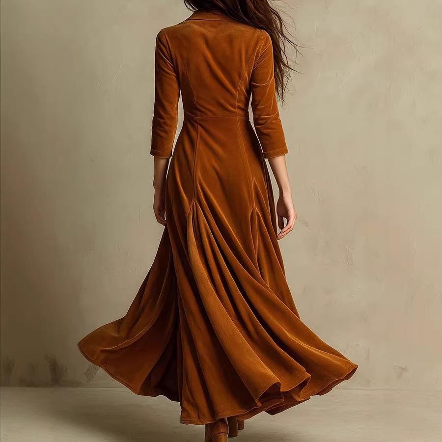 Robe longue unie pour femme, style européen et américain, avec revers boutonnée, jupe évasée cintrée à la taille et manches sept-quarts, pour 2025.
