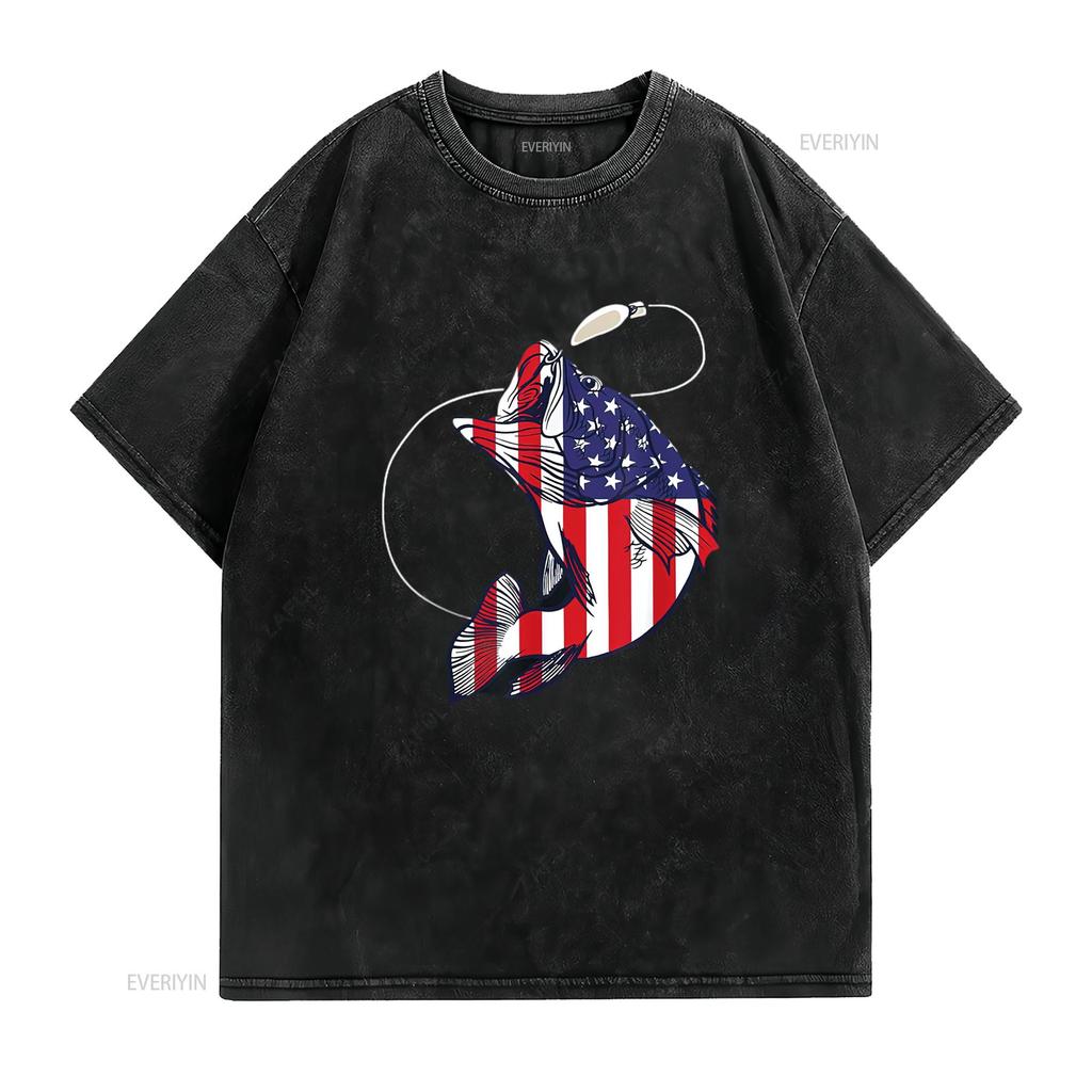 Bassfischen Fisch Amerikanische Flagge Patriotisch Vierter Juli Herren T-Shirt Weiß Vintage Gewaschen Dehnbar Oberteil Für Den Alltag