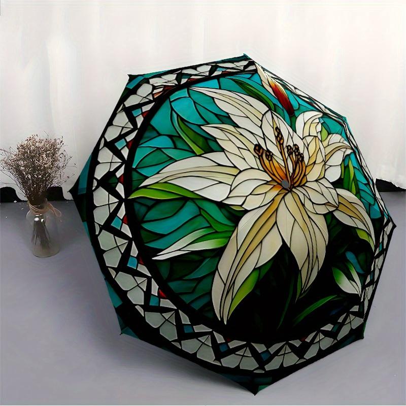 1pc Floral StainedGlass Automatic Open/Close Umbrella with Windproof, Functional Design, 8-Rib Sturdy Canopy