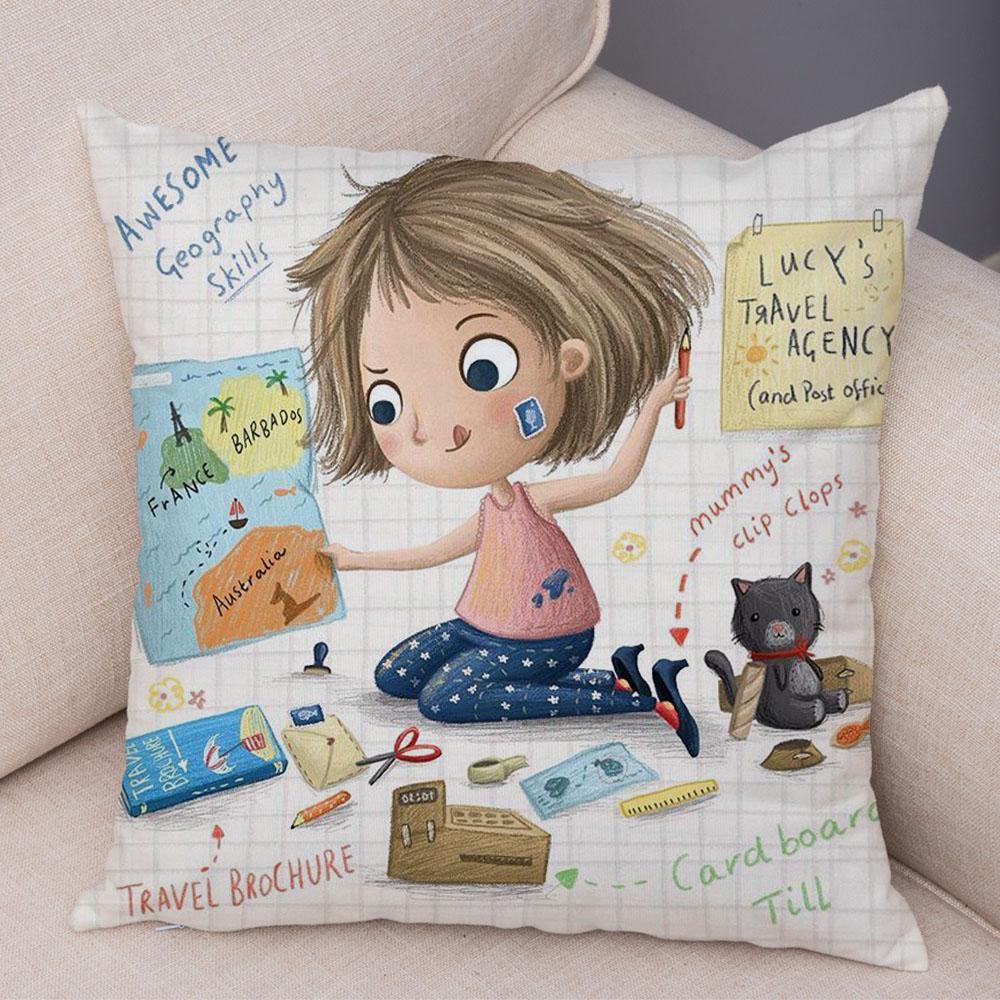 Super Soft Plush Pillow Case for Sofa Home Watercolor Cartoon Girl Cushion Cover Decor Fairy Tale World Lovely Child Pillowcase