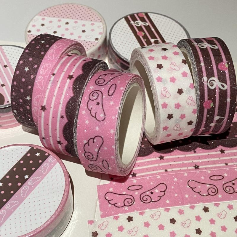 Sweet Pink Brown Strawberry Tape Flash Sand Hand Account Decorative Tape Collage Planner Diy School Stationary Sticker Gift