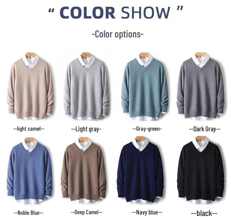 Men's 100% Wool V-Neck Sweater - Solid Color, Loose Fit, Long Sleeve Knitwear