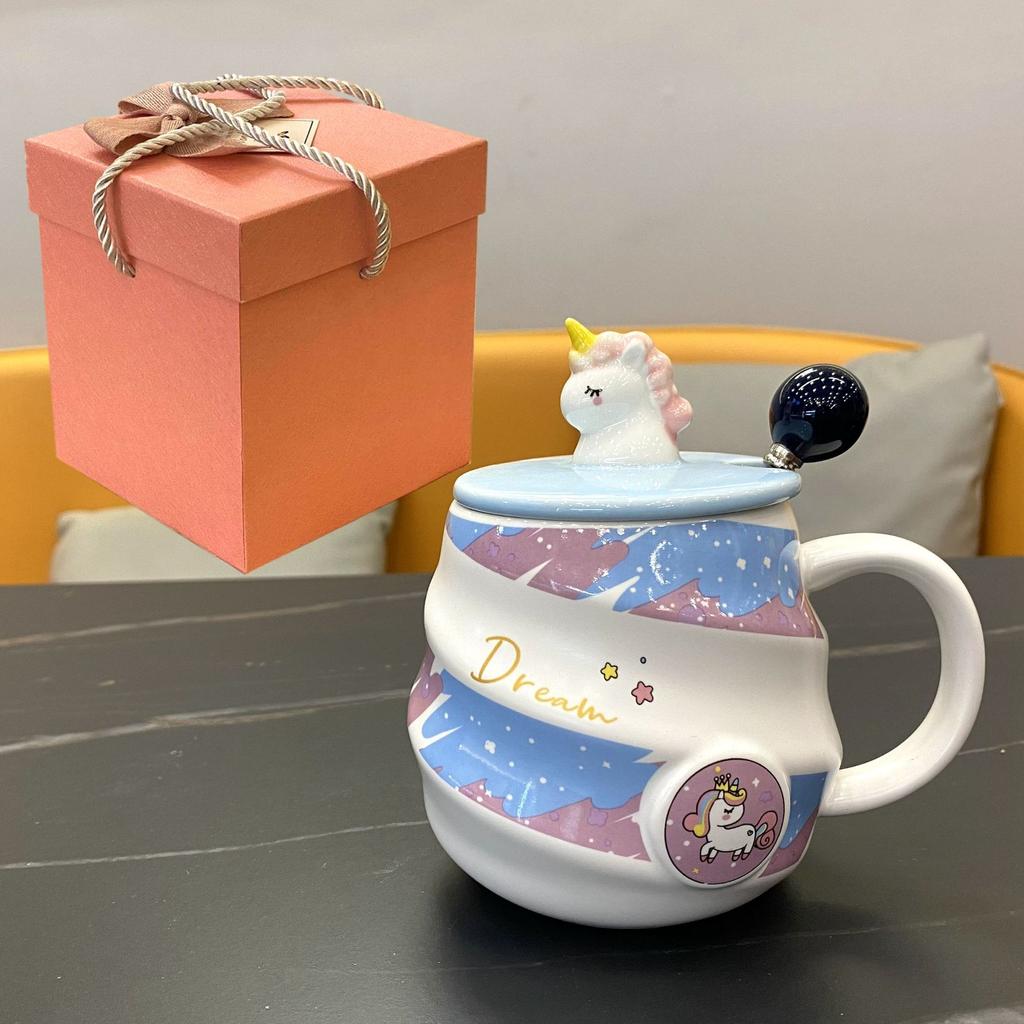 Souvenir Regenbogen Einhorn Keramik Fadenbecher mit Deckel Löffel Mädchen Trinkwasser Tasse Büro Kaffeetasse