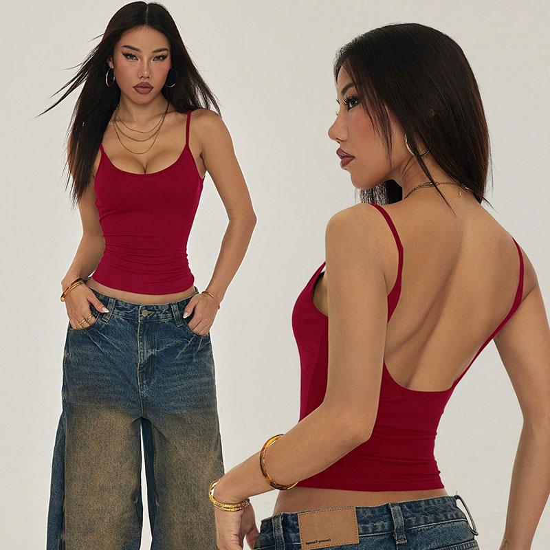 

Summer Solid Color Sexy U-Neck Fashionable Versatile Strapless Backless Slim Fit Casual Vest Crop Top XS вино красного