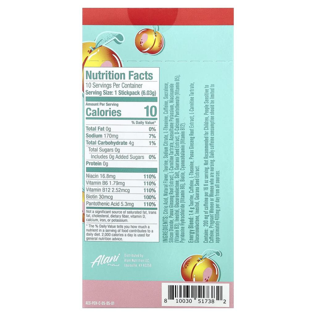 Alani Nu, Energy Drink Mix, Juicy Peach, 10 Stick Packs, 6.03g (0.21oz) Each