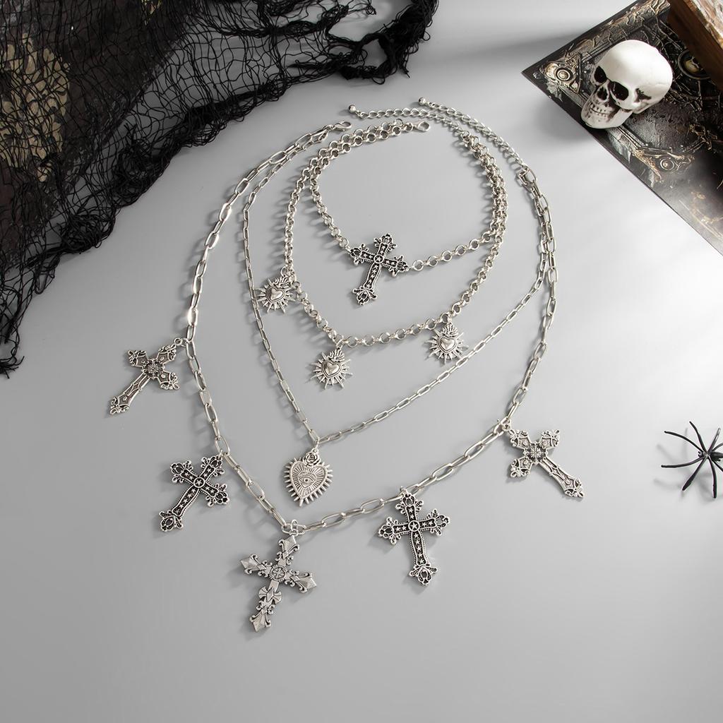 Gothic Punk Metal Cross Love Pendant Necklace Dark Tassel Chain Clavicle Chain