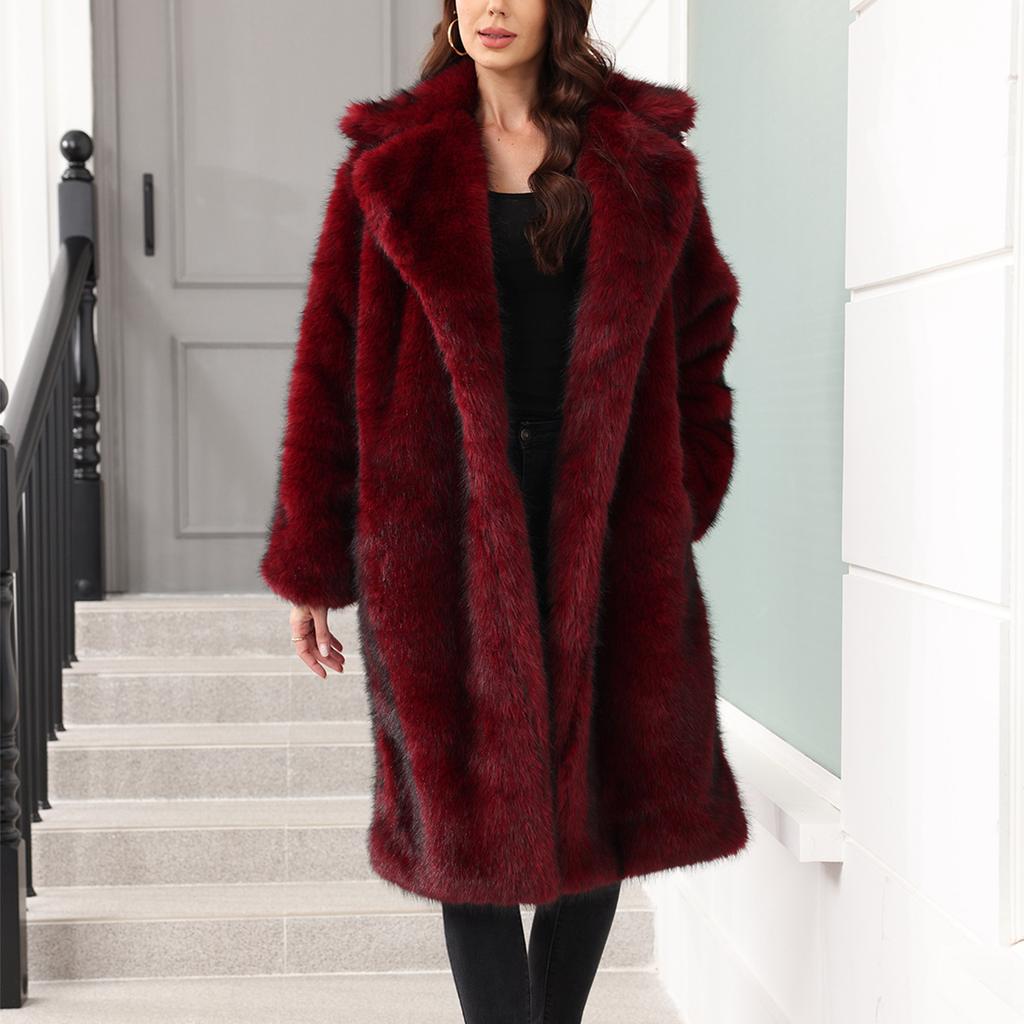 Women's Fashionable Warm Long Sleeve Solid Color Furry Long Coat With Turned Collar