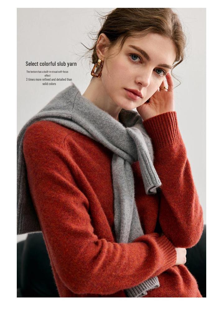 Women's 100% Pure Cashmere Heather Yarn Sweater, Round Neck, Loose Fit, Soft, Light Luxury, Knitted Base Layer for Autumn/Winter.