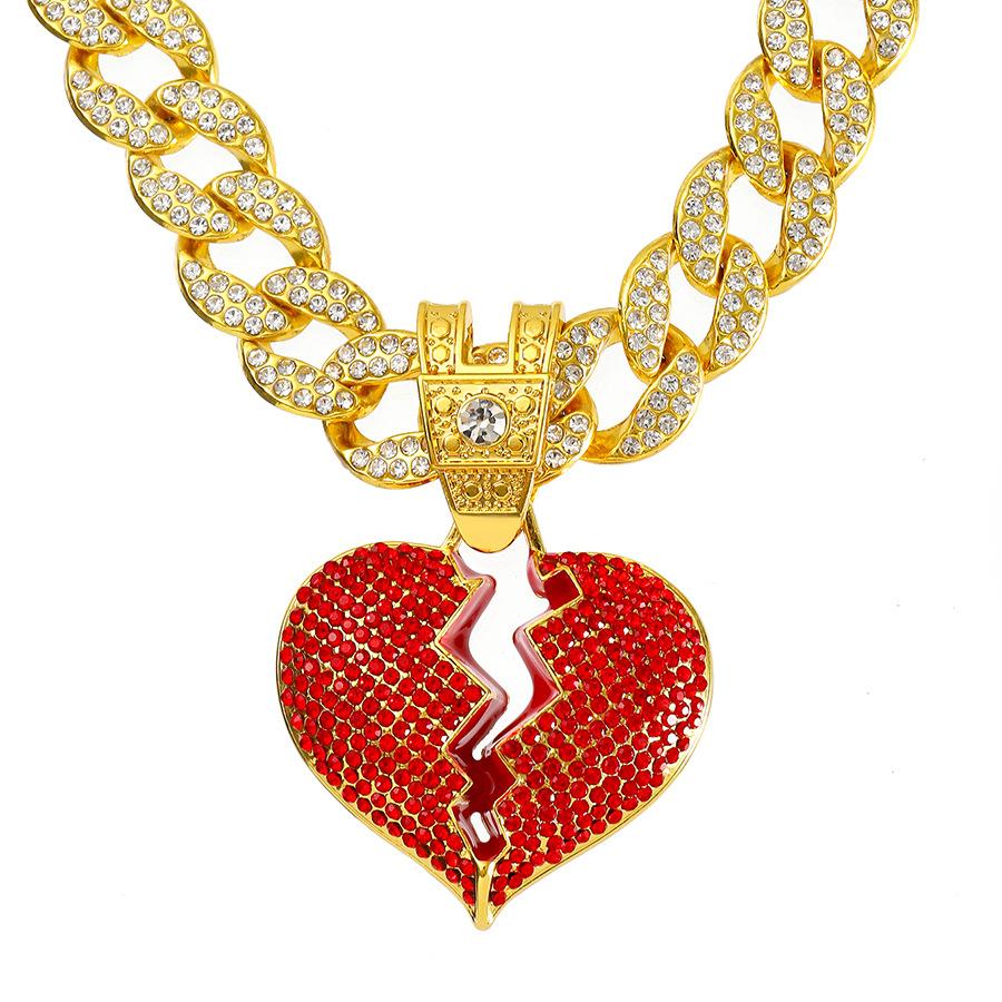 Fashion Wind Alloy Full Diamond Boyfriend Love Pendant Necklace Men'S And Women'S Hip Hop Broken Heart Pendant Chain
