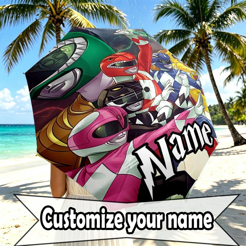 Custom Name Personalized Mighty Morphin Power Rangers Print Umbrella, Auto Open Close, 8‑Rib Sturdy Frame, Commute Camping Hiking Use, Birthday Gift