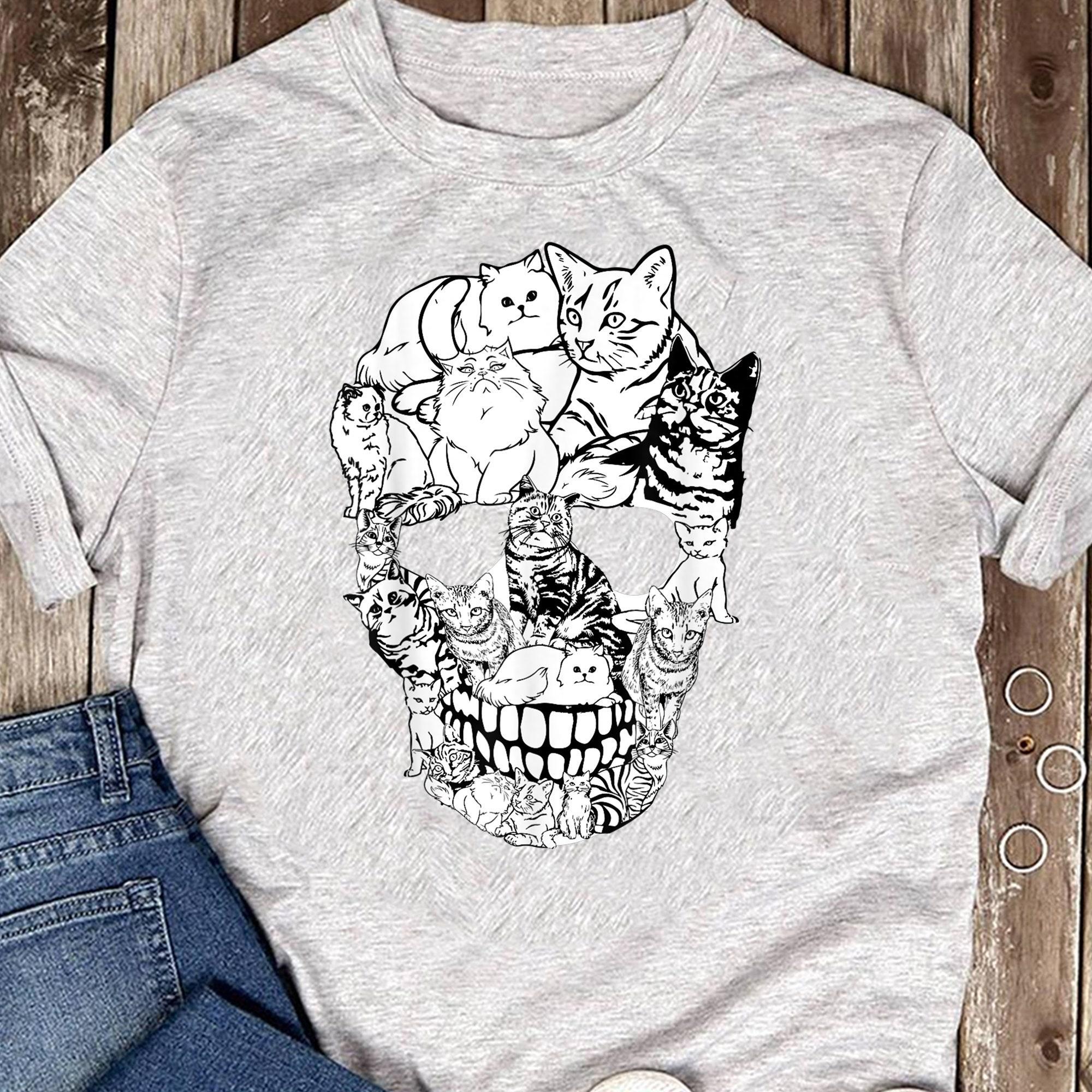 Cat Skull Shirt Kitty Skeleton Halloween Skull Cat Women T Shirts Cotton Tops S серый