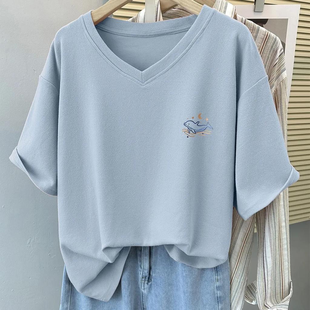 Camiseta Feminina de Verão com Manga Curta e Ombro Normal, Corte Solto, Tamanho Plus Size, Top Elegante com Decote em V e Design que Cobre a Barriga
