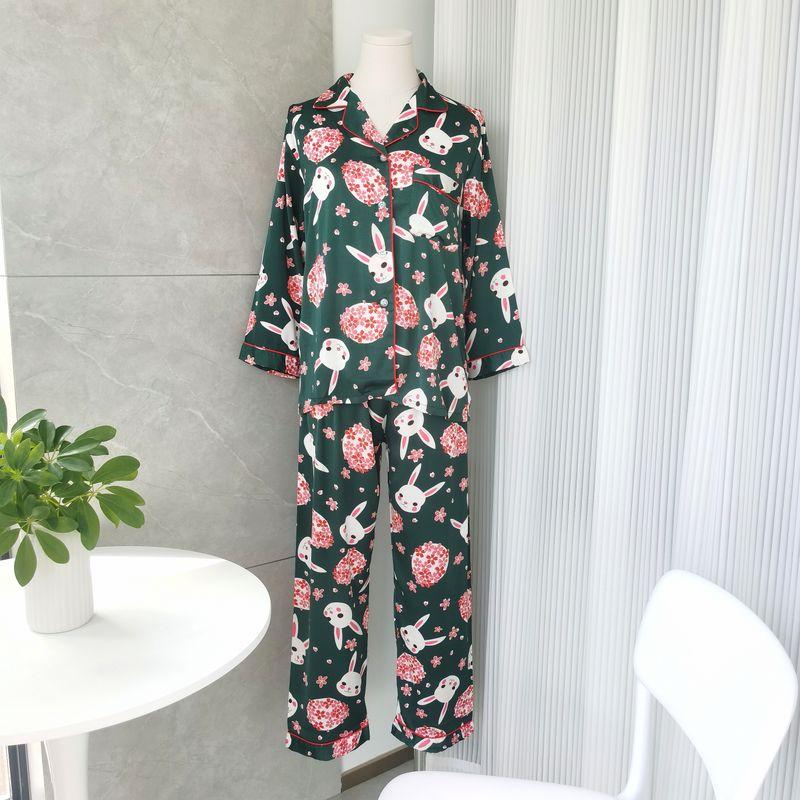 

New Weiduo Cute Rabbit Silk Satin Long sleeve Pajamas Female Students Spring and Summer Autumn Thin Set Green XL