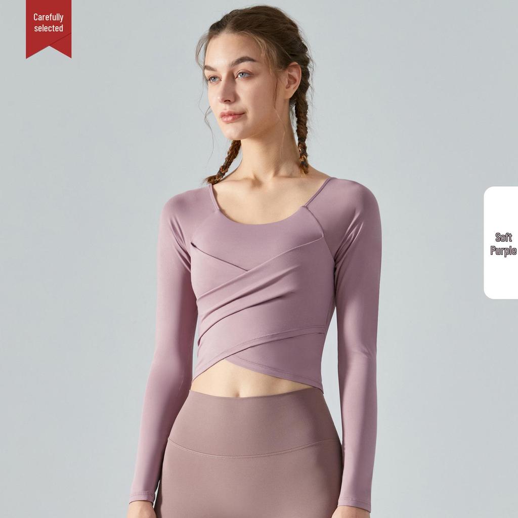 Autumn/Winter Slimming Yoga Top with Built-in Bra and Cross-Pleated Design - Long Sleeve Fitness Wear for Women