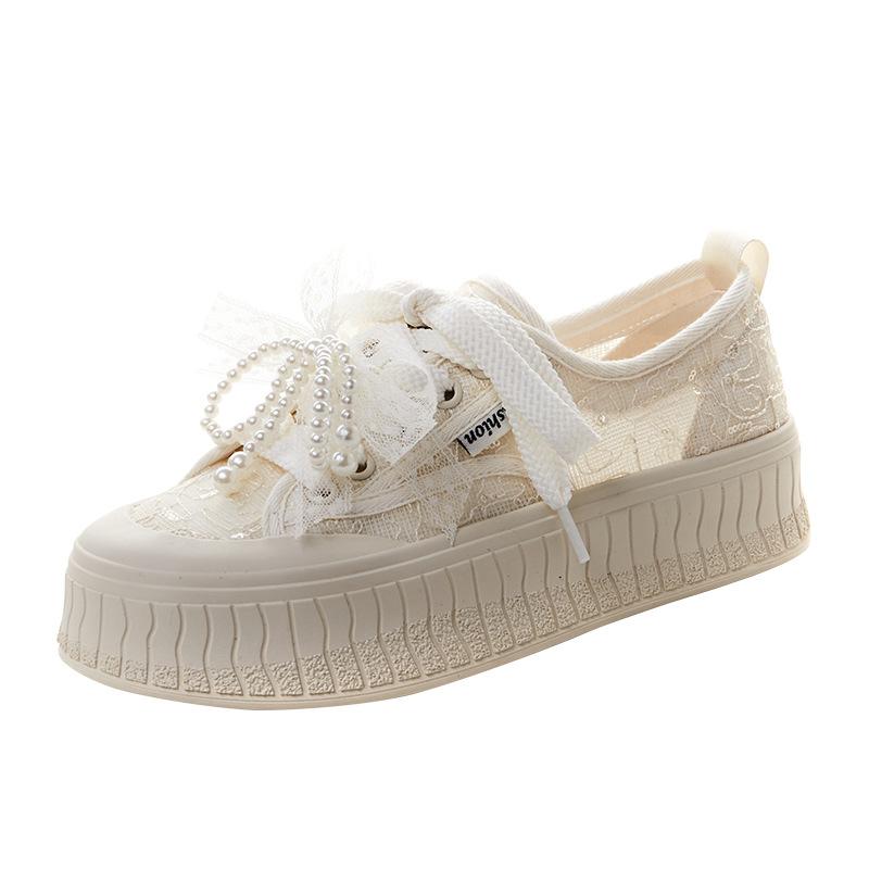 Lace Mesh Hollow Breathable Little White Shoes Women's Summer Pearl Bow Thick Sole Non-slip Biscuit Board Shoes