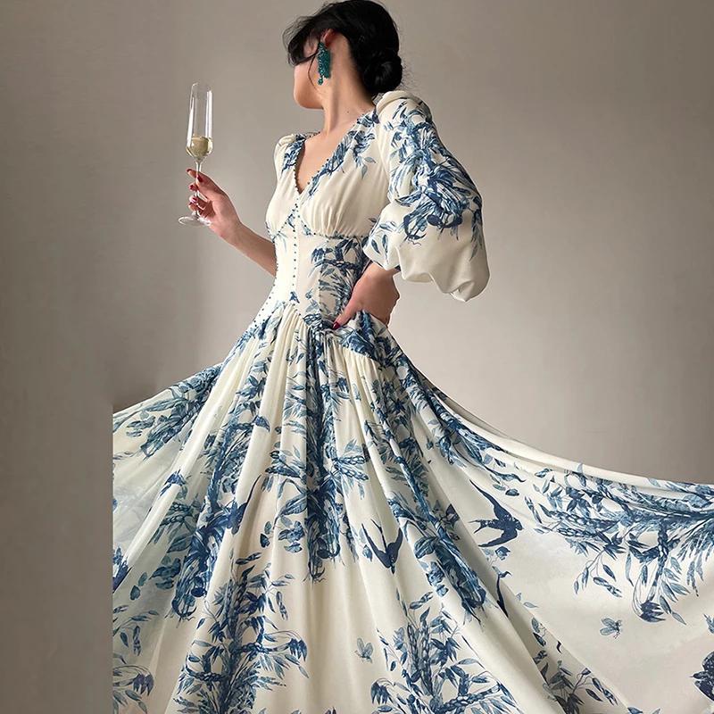 Women Long Dress Printed Lantern Sleeve V-neck High Wasit Elegant Dresses Female Fashion Club Holiday Party Clothes