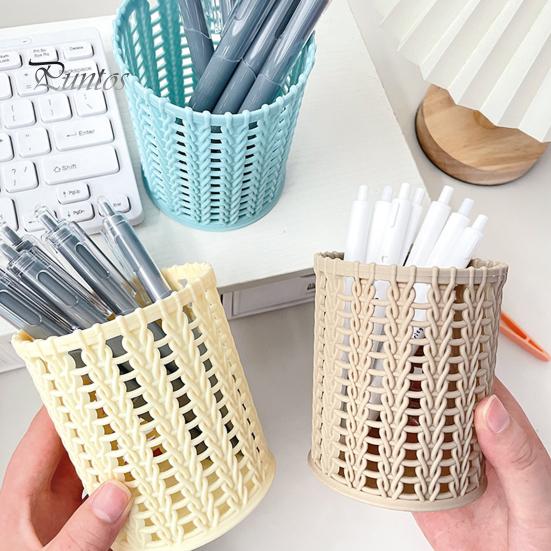 Pen Holder Imitation Rattan Holder, Round Hollow Desk Organizer, Large Capacity Pencil Accessory Cup for Pens Pencils Makeup Brushes, Nordic