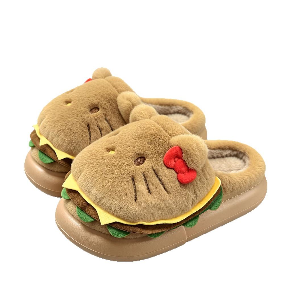 Hamburger Kitty cat cute cartoon cotton slippers winter fluff drag women indoor home warm and velvet