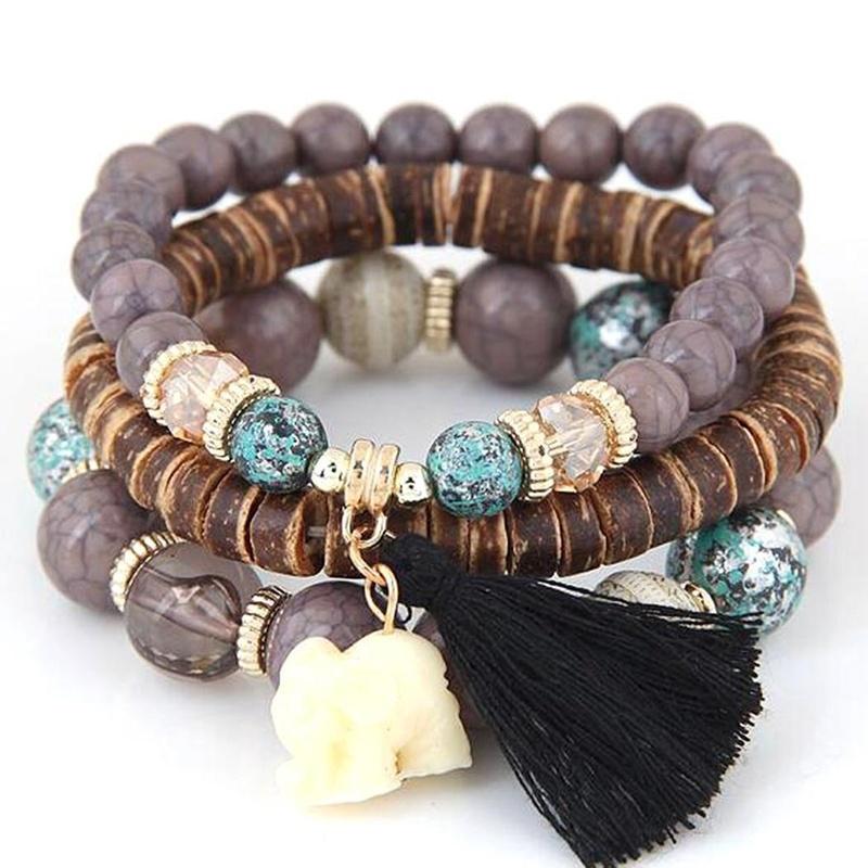 Neue Damenmode Holzperlen Armbänder Boho Kleiner Elefant Charme Armbänder Set Vintage Stil Schmuck