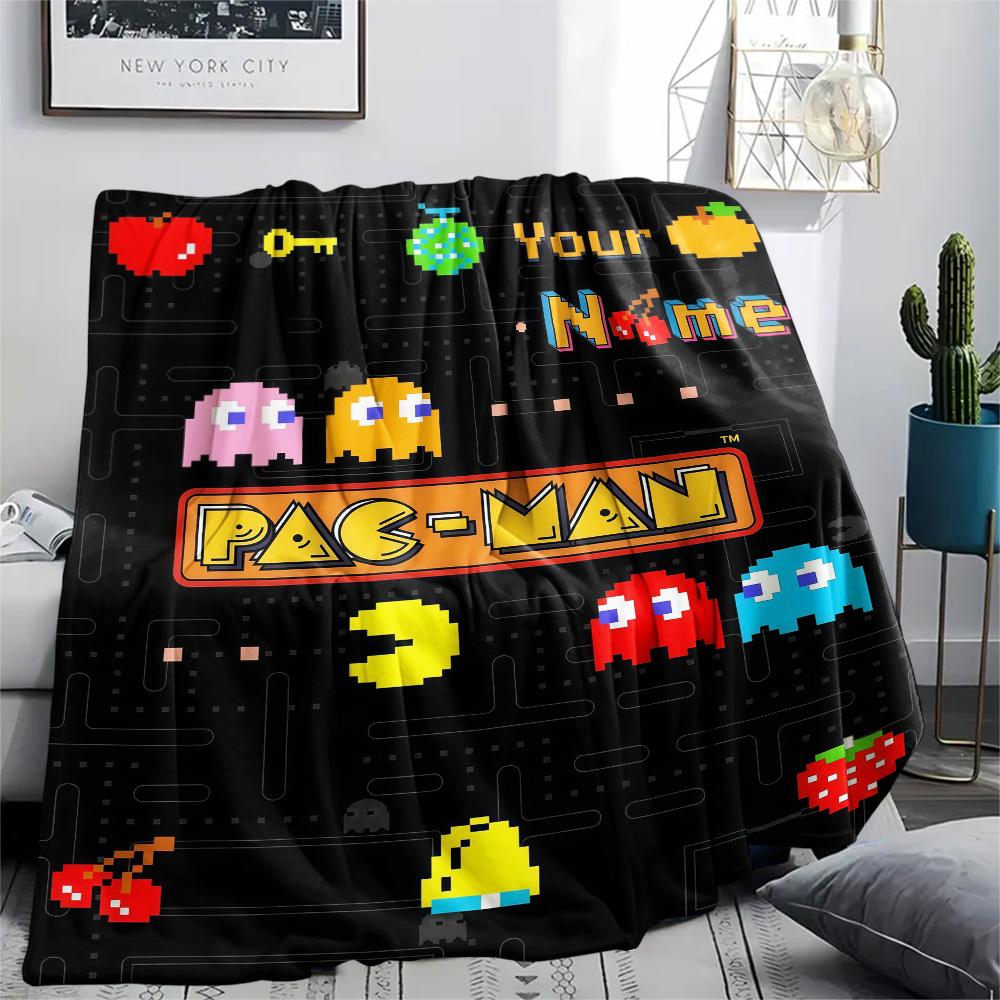1PC Custom Name Pac-Man Patterned Flannel Blanket Suitable For All Seasons for Home Decor Warmth and Comfort Gifts Holiday Present -HE164