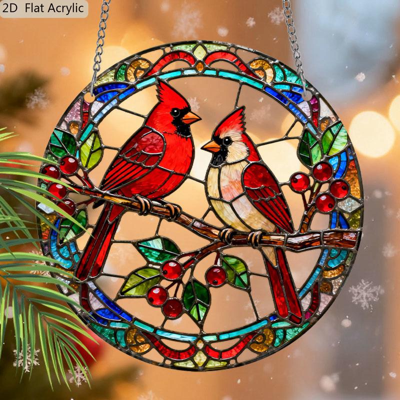 Acrylic Pair of Northern Cardinals on Branch Suncatcher Stained Glass Effect Window Hanging Ornament Bird Themed Gift for Home