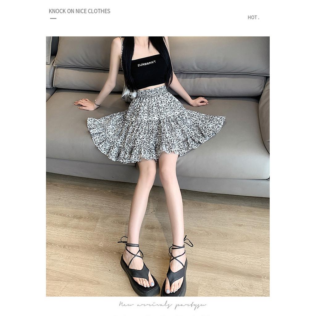 Qooth Summer Floral Pleated A Line Sweet Mini Ruffle Skirt Tiered Elastic Waist Bud Skirt QT2627