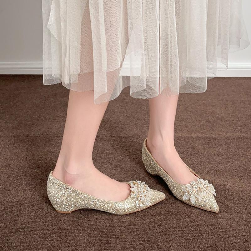 New Crystal Pearl Design Women Shoes Buckle Decorative Banquet Ladies Shoes Pointed Toe Pregnant Flats with Female Pumps