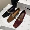 Women's Thick Heel Shoes Fall New Square Head Shallow Mouth One Word Buckle Non-slip Wear Comfortable Low Top Shoes