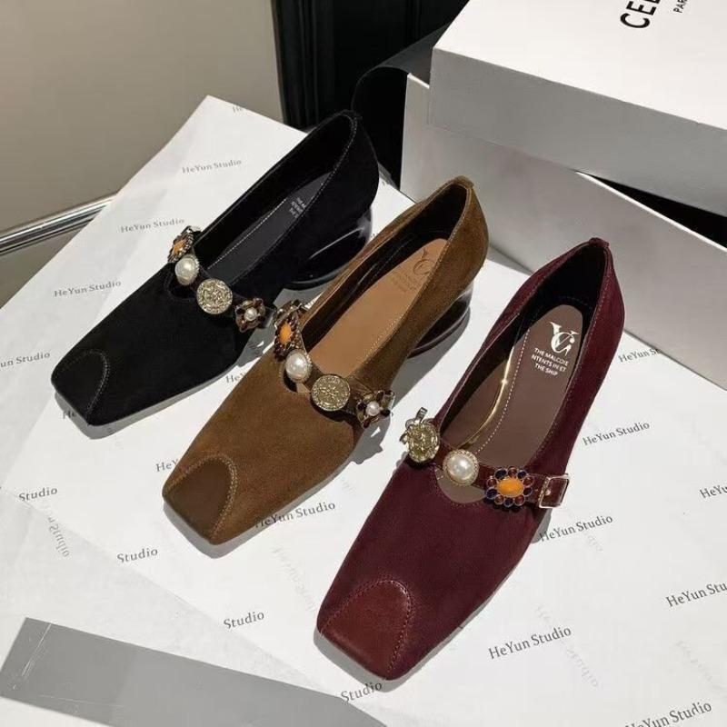 Women's Thick Heel Shoes Fall New Square Head Shallow Mouth One Word Buckle Non-slip Wear Comfortable Low Top Shoes