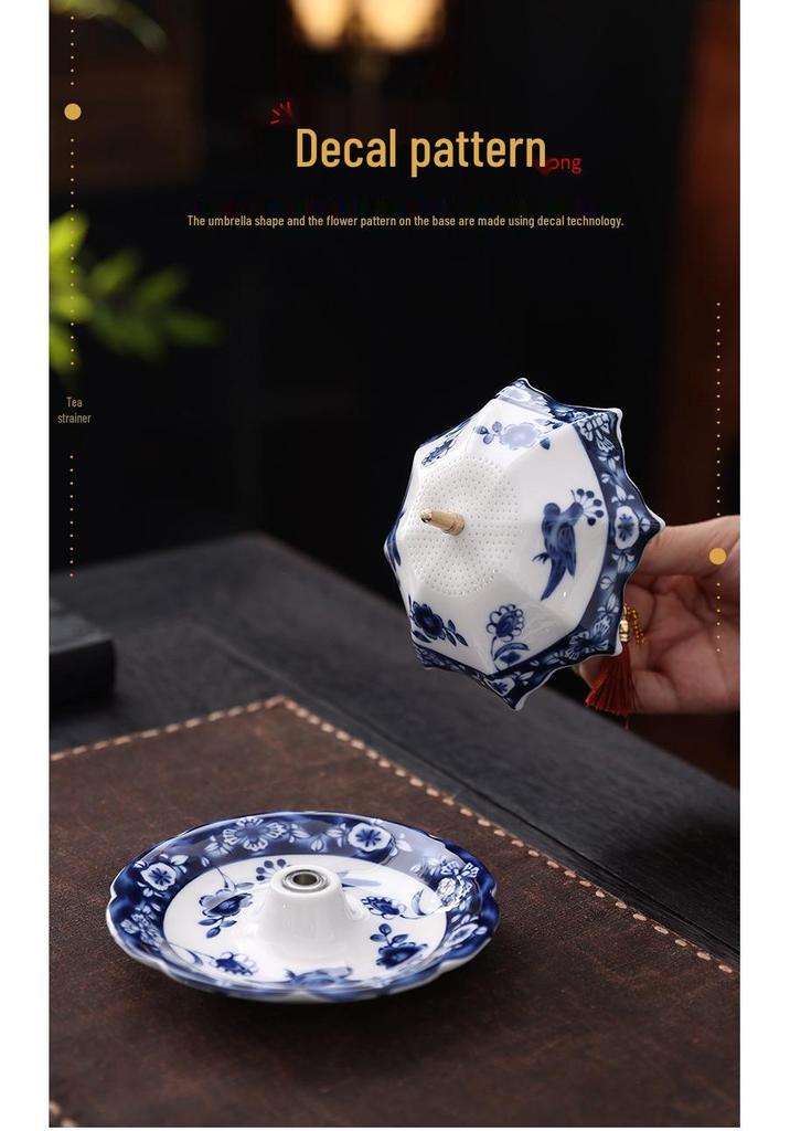 Creative Blue & White Porcelain Umbrella Tea Strainer - Ceramic Rotating Filter & Tea Table Decoration