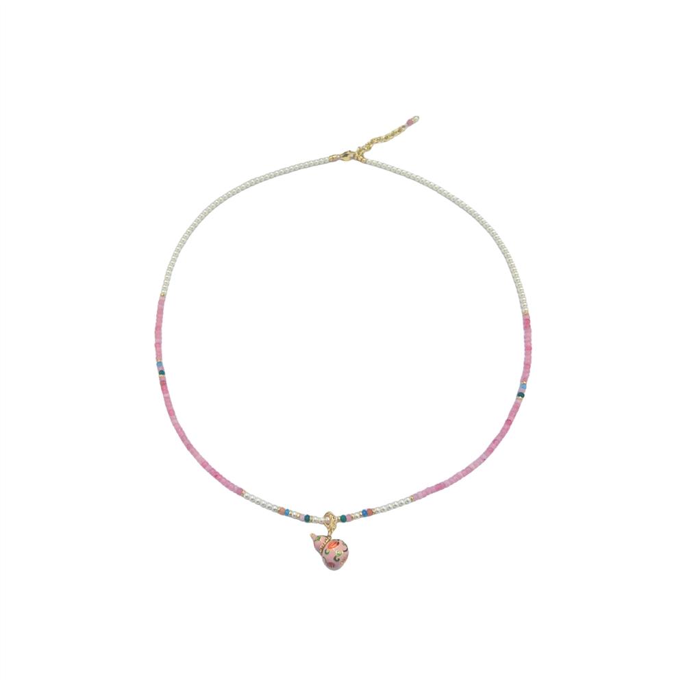 Retro Enamel Gourd Necklace Micro Paved Zircon Austrian Pearl Beaded Sweater Chain Light Luxury High-End Jewelry for Women розовый
