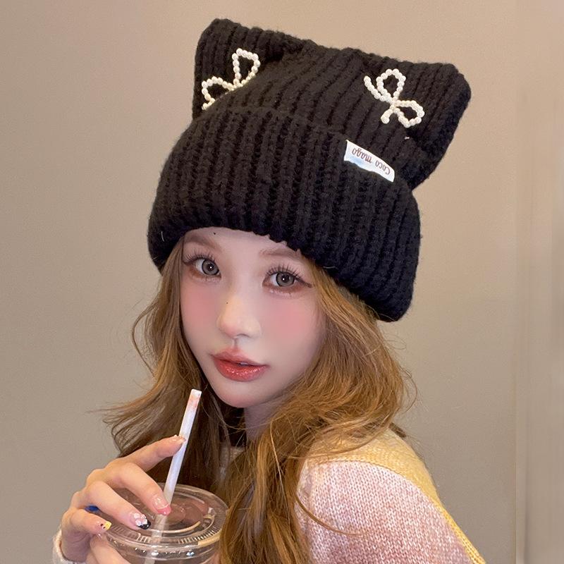 Hat Women's Autumn and Winter Cat Ear Wool Hat Sweet and Cute Bow Warm Knit Hat Ear Protection Cold Pullover Hat