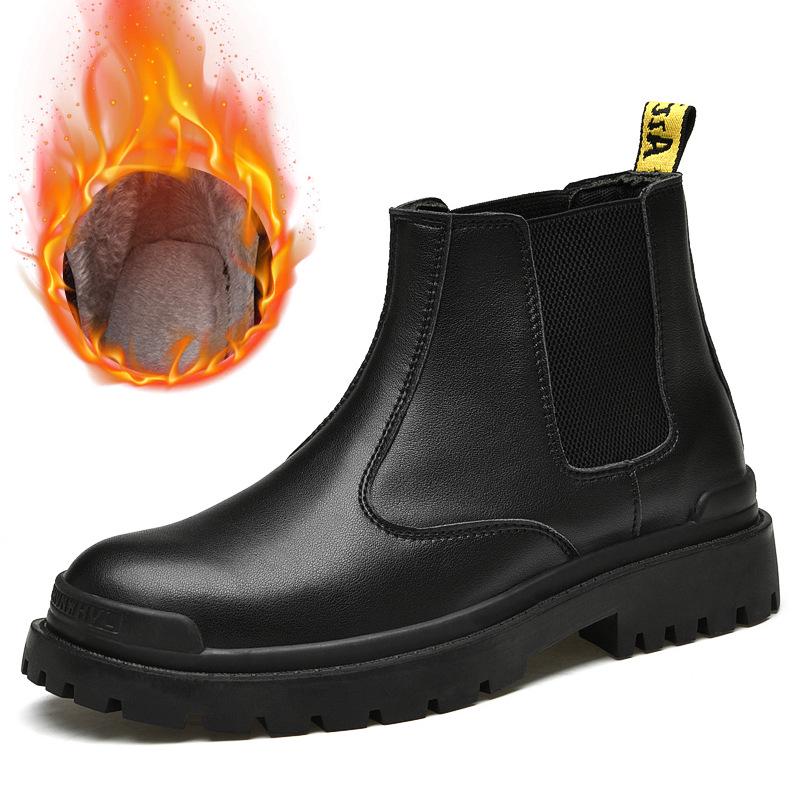 Men's Plus Size Chelsea Martin Boots: High-Top Leather Short Boots with Velvet Lining for Outdoor Wear.