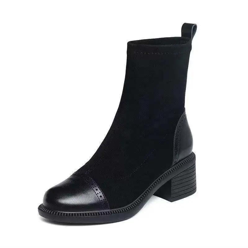 Coarse Heel Pointed Head Suede Splicing Martin Boots Velvet Thin Leather Boots Women's Shoes 2025 Autumn and Winter New Versatile Fashion Boots