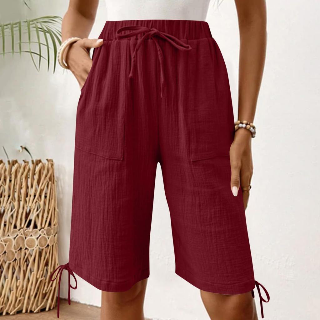 Women's Fashionable Color Elastic Waist Pocket Casual Loose Cotton And Linen Five Quarter Shorts