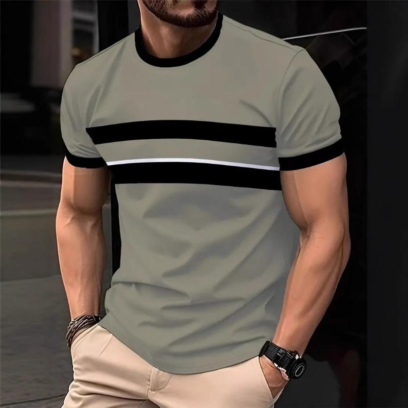 Summer Men's Fashion 3D T Shirt Splicing Printed Colorblocking Casual Slim Short Sleeve Outdoor Sports Running Fitness Top