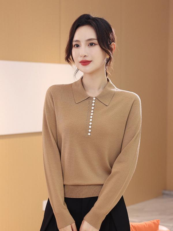 Women's Machine Washable Wool Sweater - Elegant High IQ Fine Knit Polo Collar Pullover for Winter