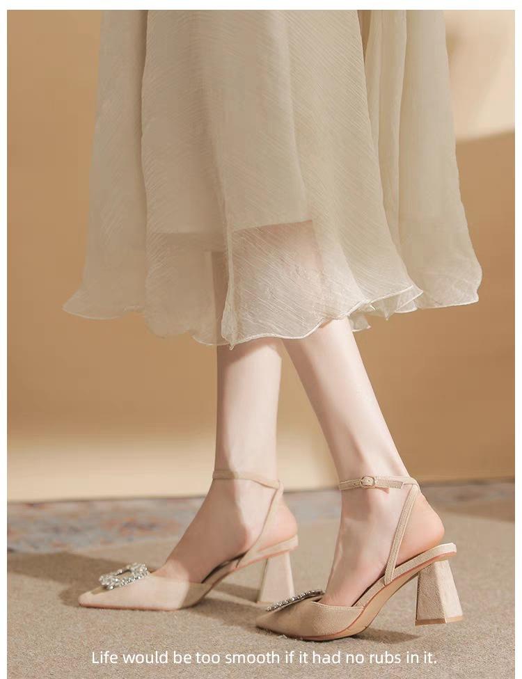 

2025 summer new French thick heel bag head sandals rhinestone buckle one word with high heels empty single shoes women 40