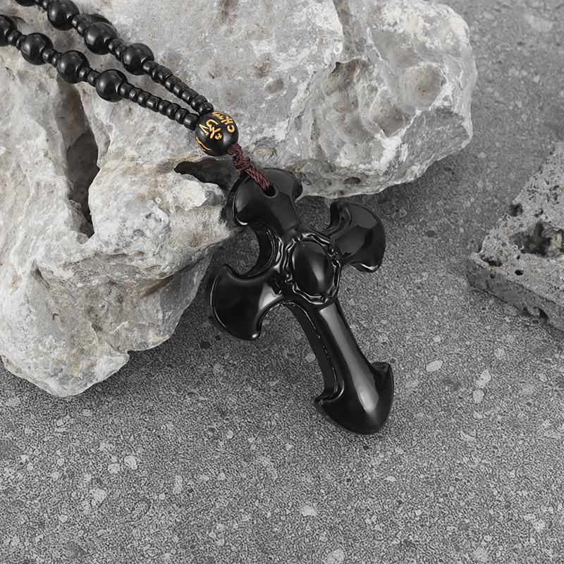 Obsidiaan Kristal Kruis Stijl Retro Mode Licht Luxe Sieraden Hanger Ketting