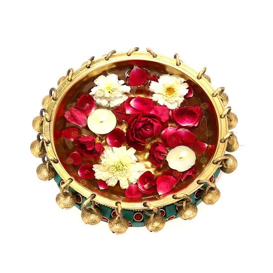 Gemstone Work 15.24 Cm Brass Urli Ethnic Traditional Bowl with Bells, Gemstone Work,