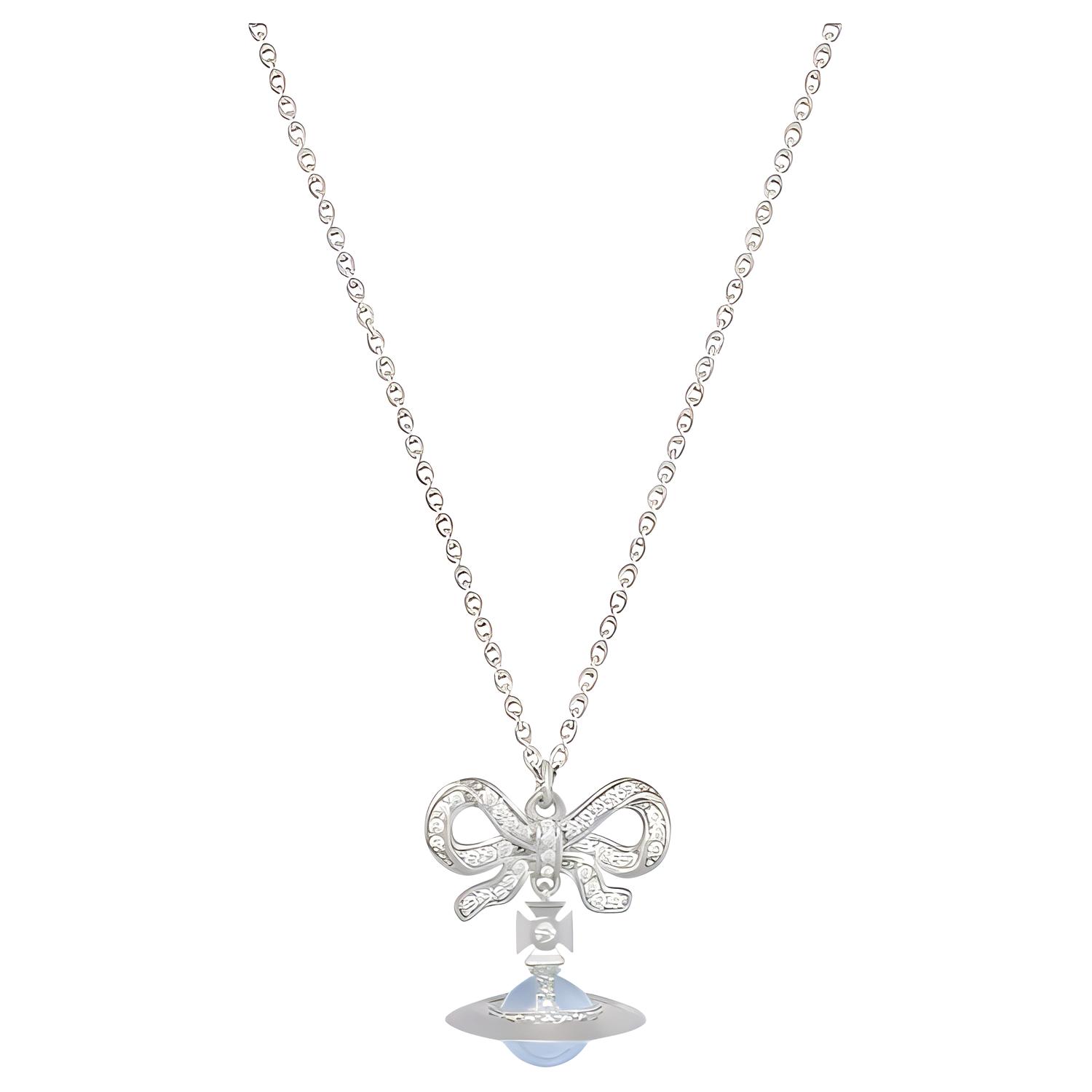 

Vivienne Westwood Octavie Platinum Brass Bow Blue Sphere Saturn Pendant Necklace Women necklace Silver 6302039G-01P563 Basic Packaging-Dust Bag+Box
