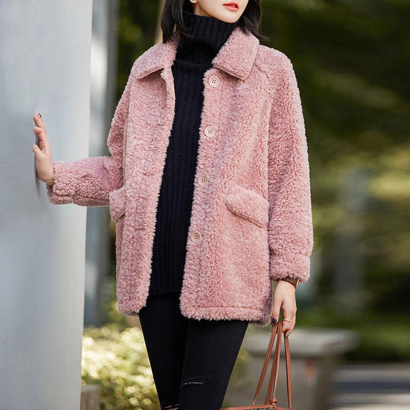 Jacket Female Fall and Winter New Korean Version of The Velvet Thickened Medium-length Imitation Lamb's Wool Lapel Loose Cotton Jacket Blouse