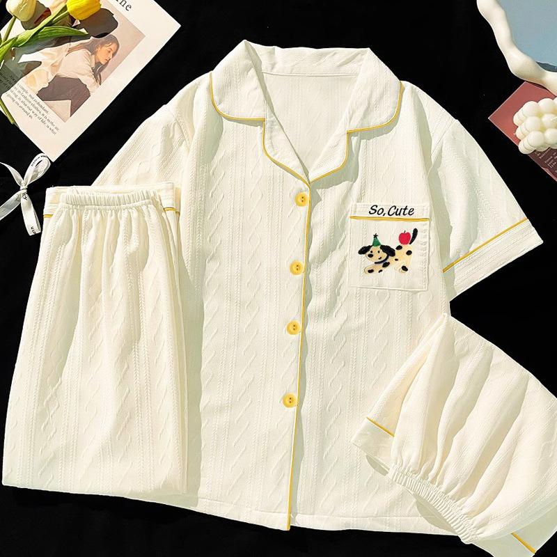 

Embroidery spotted puppy o ute simple high-end imitation cotton jacquard pajamas women s summer short-sleeved three-piece set L [recommended 100-57.5 kg]