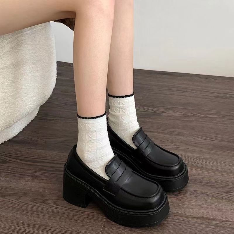 Black French loafers summer 2025 new thick heel high heel retro British style heightened platform small leather shoes women