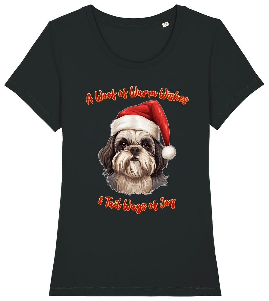 

Womens SHIH TZU Christmas T-Shirt Santa Hat Dog Woof Wishes Gift Family Breed XL